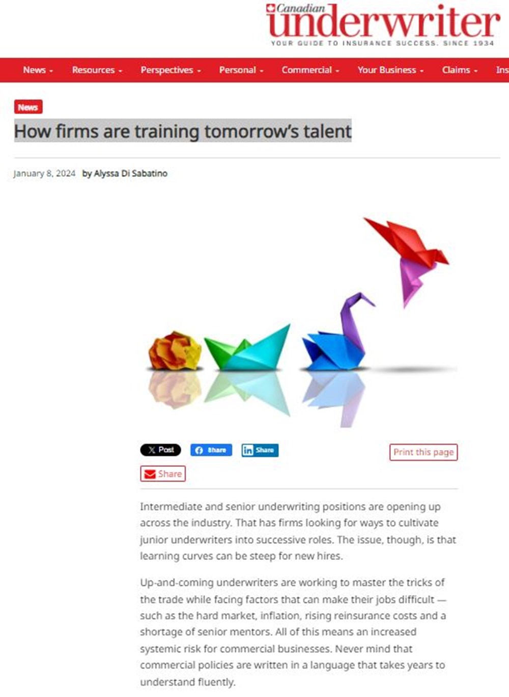 A screenshot of the article "How firms are training tomorrow's talent"